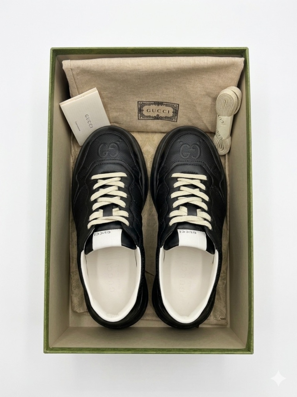 Gucci Black Leather Men's Sneakers with Cream Laces